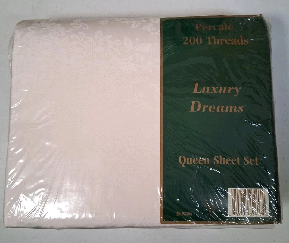 Vintage Luxury Dreams Queen Sheet Set White Floral Brocade Percale NOS READ - Image 1 of 4