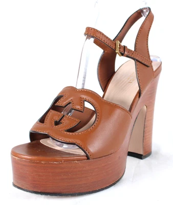 GUCCI $1,140 2025 Cuir Brown Leather INTERLOCKING G CUTOUT Heels Sandals 39 - Image 1 of 4