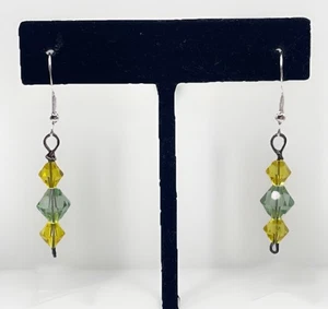 S925 Sterling Silver Crystal Earrings Green Yellow Dangle Drop 1.75” - Picture 1 of 11