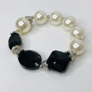 Silver Tone Beaded Stretch Bracelet Black Imitation Pearl Art Deco Style Classic - Picture 1 of 6