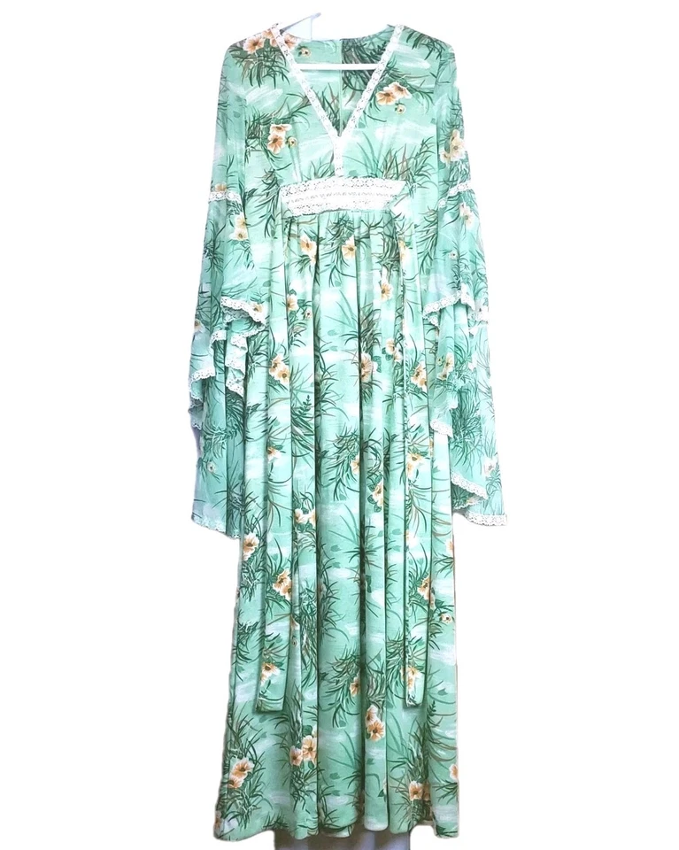 Maxi Vestido Boho Tropical Verde Genuino Vintage Años 70 Alas de Ángel S/M Cottagecore Foto 1 de 4