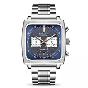MEGIR Monaco Chronograph Calibre 12 Men's Luxury Quartz Steel Strap Watch BLUE - Picture 1 of 3