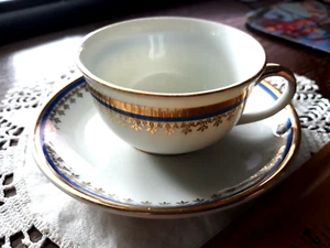 ANTIQUE Fine china DEMI Cup Saucer SET by KAROLIN Poland COBALT BLUE WHITE GOLD - Picture 1 of 13