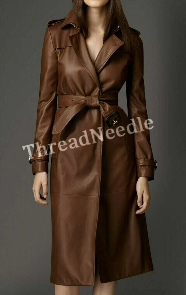 Gabardina de cuero genuino marrón para mujer Foto 1 de 3