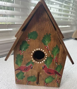 Garden Hanging Cardinal Wood Birdhouse Hand Painted, Scenic Setting 9"x5”x4.5” - Picture 1 of 7