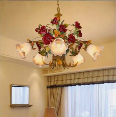 LED Glass Shade Romantic Flower Chandelier Light Retro Pendant Lamp 3/5/8 Lights - Image 1 of 4