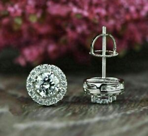 Stud Engagement & Wedding Halo Earrings 14K White Gold 2.5 Ct Simulated Diamond