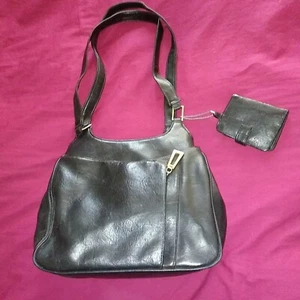 Bolso de mano de vinilo de PVC usado bolso de hombro negro 11""x9""x4,5"" billetera con cremalleras - Imagen 1 de 5