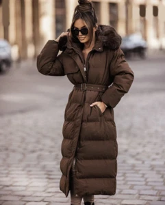 Damen Oversize gesteppt Maxi Faux Daunen Kapuze wattiert Bettdecke Puffer Mantel mit Gürtel - Bild 1 von 16