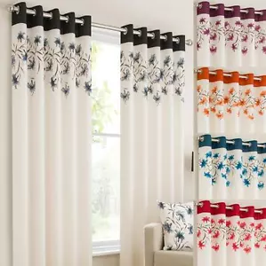 LILY Ring Top Fully Lined Floral Eyelet Curtains RED BLK TEAL ORANGE PURPLE - Picture 1 of 5