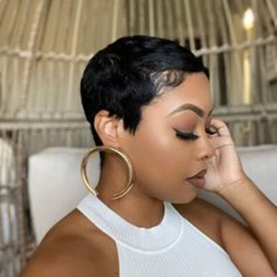 Pelucas cortas de cabello humano pelucas de corte pixie para mujer peluca de corte pixie negra suave Foto 1 de 4