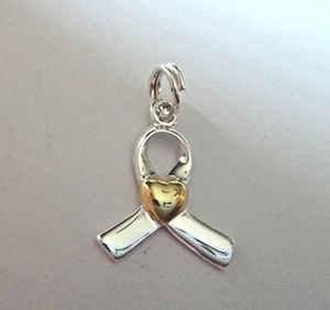 Sterling Silver 20x13mm with Gold Heart Awareness Ribbon Charm - Picture 1 of 3