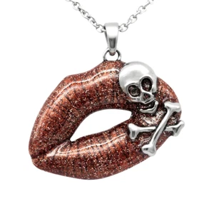 Schädel Halskette rot glitzernde Lippen Kreuzknochen giftige Liebe Edelstahl Anhänger - Bild 1 von 6