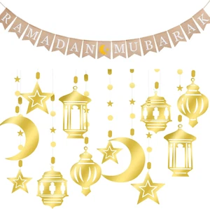 12 Pcs Islamic Eid Decoration Ramadan Gold Crescent Moon Stars Lantern Mubarak B - Picture 1 of 12