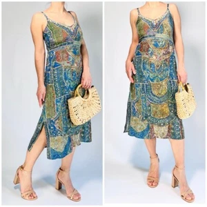 ANTROPOLOGY Leifsdottir Dress Silk Midi Dress Sennen M Blue Embroidered Beaded - Picture 1 of 12