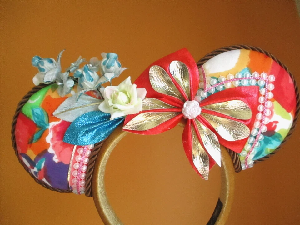 Diadema Disney Orejas de Minnie Hecha a Mano Asimétrica Coral Dorado Teal Blanco Foto 1 de 4