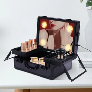 Professional Travel Makeup Train Case Portable Cosmetic Organizer Bag+LED Light - Picture 1 of 12