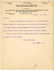 1907 The DeFord Company Luray VA Tannery Letter Chestnut Oak Bark Purchase Offer - Picture 1 of 2