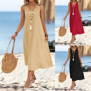 Womens Summer Midi Tank Dress Ladies Sleeveless Holiday Beach Vest Sundress - Picture 1 of 14