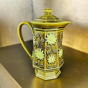 MCM Keramik Teekanne Avocado Grün Gänseblümchen Japan Vintage Keramik Kaffeekanne mit Deckel - Bild 1 von 13