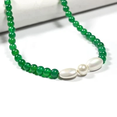 Perla y ónix verde 5-6 mm piedras preciosas redondas con cuentas hechas a mano para mujer collares regalo 18" Foto 1 de 4