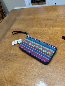 Embroidered Geometric Design Wallet Long Zip Around Womens With Wristlet - Picture 1 of 7