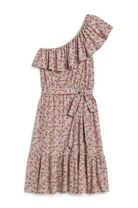 Heatherly Women's One Shoulder Dress Gray Red Floral Ruffle Belt Boho Size M NWT - Picture 1 of 17