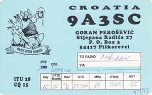 Tarjeta QSL de radioaficionado croata 9A3SC Piškorevci Croacia 1996 Perošević - Imagen 1 de 1