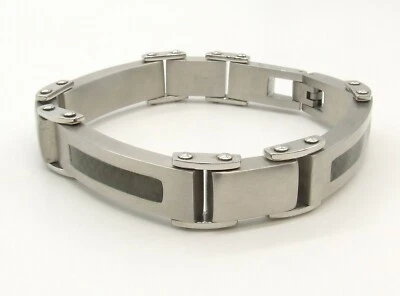 Pulsera de eslabones cepillados de acero inoxidable pesado LOTUS de 8,5" con detalles tejidos negros Foto 1 de 4