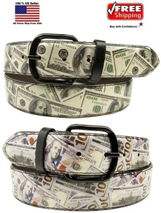 CINTURÓN COSIDO DE CUERO HIPPIE PARA HOMBRE ESTAMPADO EN DÓLAR con hebilla S-m-l-xl - Imagen 1 de 3