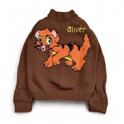 Suéter Tejido a Mano Vintage Años 80 Disney Oliver & Company Juvenil Mediano Hecho a Mano Gato Foto 1 de 4