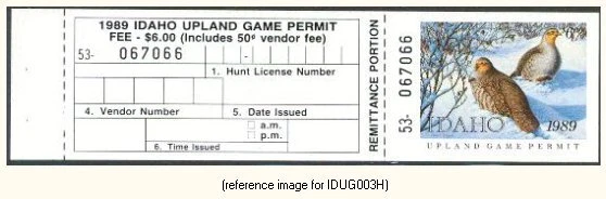 D2K Idaho Upland Game 1989 $6.00 with info tab - Image 1 of 1