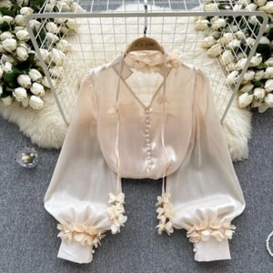 Women Satin Blouse Shirt Top V-neck Puff Sleeve Shiny Sheer Fashion Ruffle - Picture 1 of 25