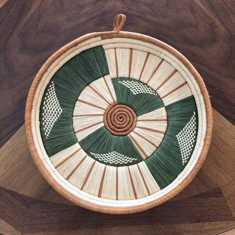 Vintage Hand Woven Basket Wall Plaque 12” Green Tan African(?) EUC Cover