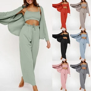 Women Outfits Set 3 Pieces Long Sleeve Shirt Crop Vest Long Trousers Nightgowns - Picture 1 of 45