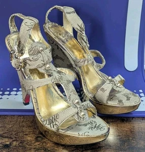 Apple Bottoms Platform Heels Gold Logo Strappy Wedge Sandals Size 9 Rhinestones - Picture 1 of 10