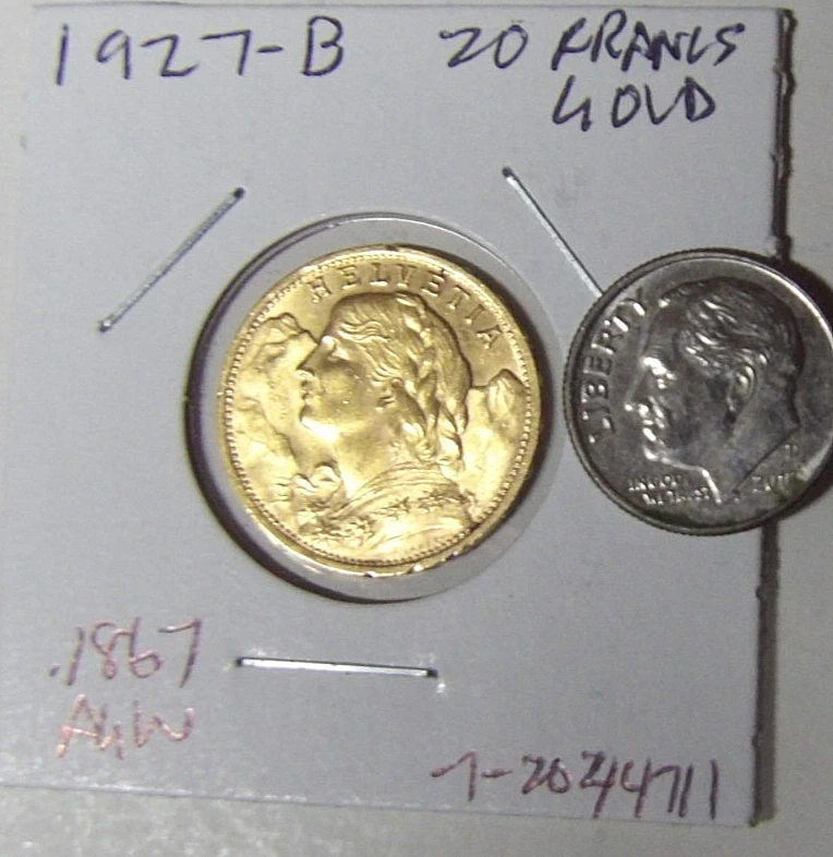 Helvetia de oro suizo de 20 francos 1927-B estado BU 0,1867 OZ de oro puro AGW Foto 1 de 3
