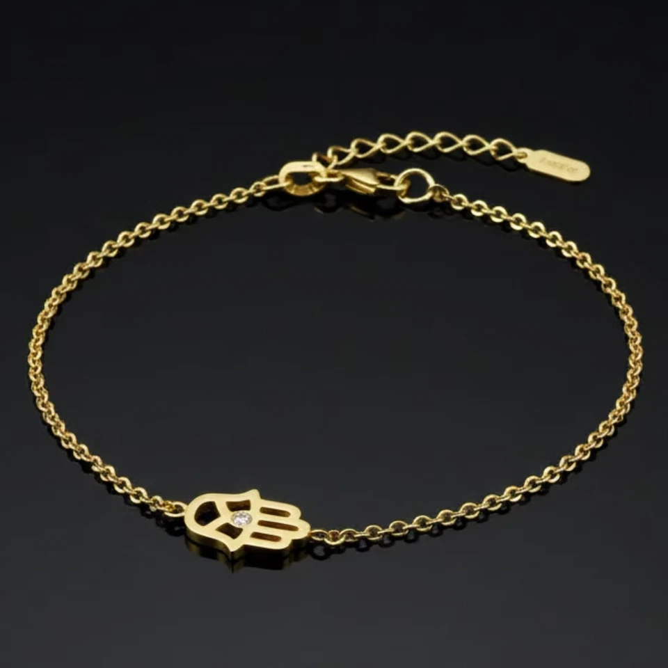 Brazalete de diamantes Hamsa en oro amarillo macizo de 14 k mano de Fátima joyería judía Foto 1 de 4