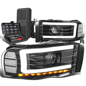 For 2002-2005 Dodge Ram LED DRL Tube Black Clear Projector Headlights+Tool Box - Picture 1 of 10