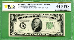 1934C  $10 Federal Reserve Note Cleveland FR-2008D PCGS UNC 64PPQ  JULIAN SNYDER - Picture 1 of 2