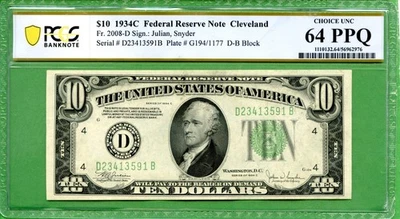 1934C  $10 Federal Reserve Note Cleveland FR-2008D PCGS UNC 64PPQ  JULIAN SNYDER - Image 1 of 2