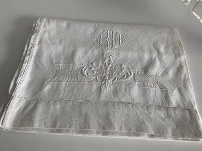 Linge Ancien TAIE DE TRAVERSIN De Mariage EN LIN Richement Brodé Monogramme B M - Photo 1/4