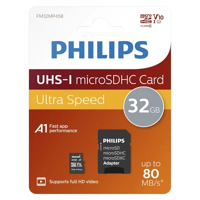PHILIPS 32GB Micro SDHC UHS-1 U1 & V10 Class 10 Flash Memory Card with Adapter - Image 1 of 4