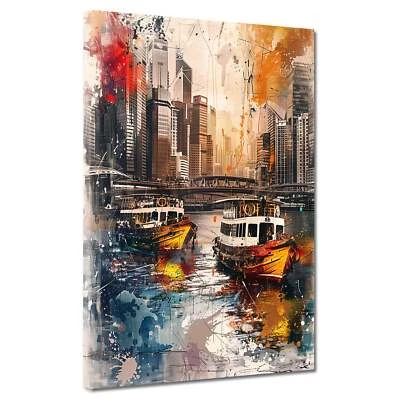 Abstrakt Boote in Stadt mit Skyline Leinwandbild Wandbild Kunstdruck XL Wanddeko - Bild 1 von 4