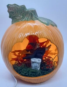 CERAMIC PUMPKIN CUT OUT Flying Witch City Graveyard Scene Halloween Light Up - Picture 1 of 4