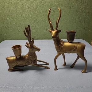 Vintage Small Brass Deer Candlestick Holders Bucks - Picture 1 of 10
