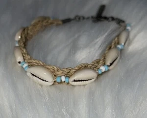 Billabong Rope Woven Bracelet Cowrie Sea Shell Woven Rope Blue White Beads 7" - Picture 1 of 9
