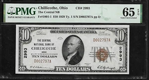 US Chillicothe, Ohio $10 1929 PMG 65 EPQ UNC Fr #1801-1 Ty.1 The Central NB - Picture 1 of 4