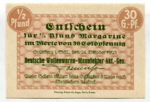 30 Goldpfennig Grünberg (Schles.) 1923 Deutsche Wollenwaren-Manufaktur,fast kfr.