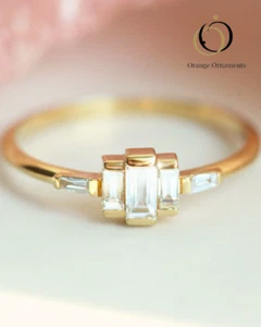 Minimalist Lab Created Diamond Ring 14K Gold Plated Baguette & Tapered Cut - Picture 1 of 8